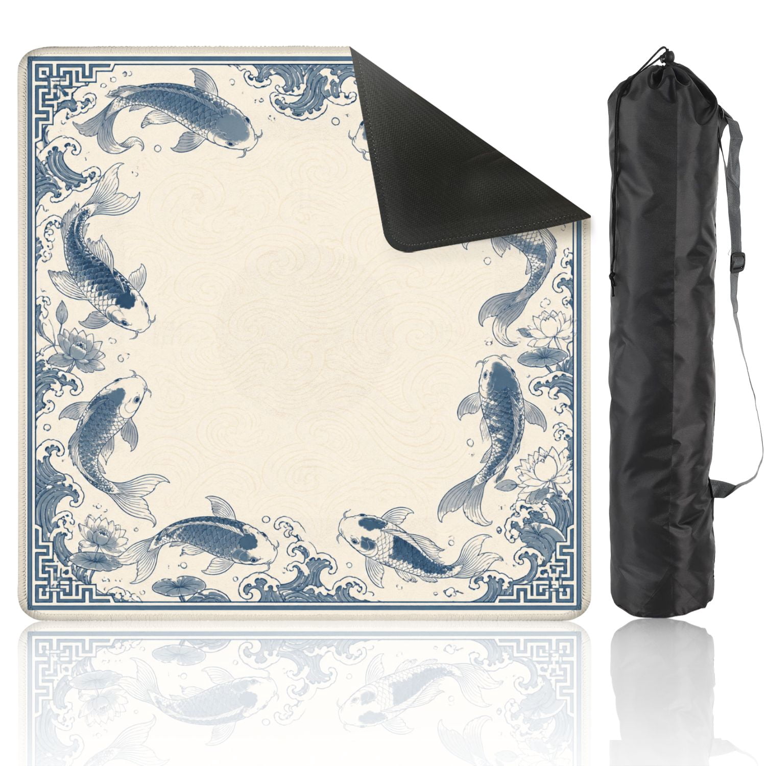 Mahjong Mat 31.5" x 31.5" Blue White Fish Floral Water Elements Non-Slip Noise Reduction American Mahjong Tiles Table Cover for Dominoes Poker Card Board Games Gift