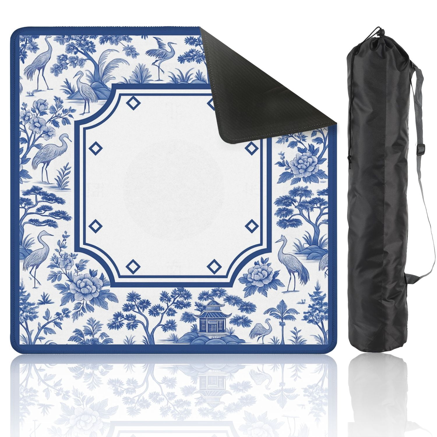 Mahjong Mat 31.5" x 31.5" Blue White Floral Crane Oriental Pavilion Anti-Slip and Noise Reduction Symmetry Design Mahjong Tiles Table Cover for Dominoes Poker Card Board and Tile Games