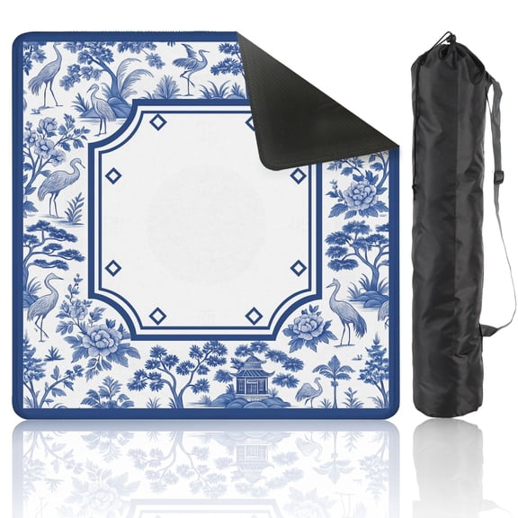 Mahjong Mat 31.5" x 31.5" Blue White Floral Crane Oriental Pavilion Anti-Slip and Noise Reduction Symmetry Design Mahjong Tiles Table Cover for Dominoes Poker Card Board and Tile Games