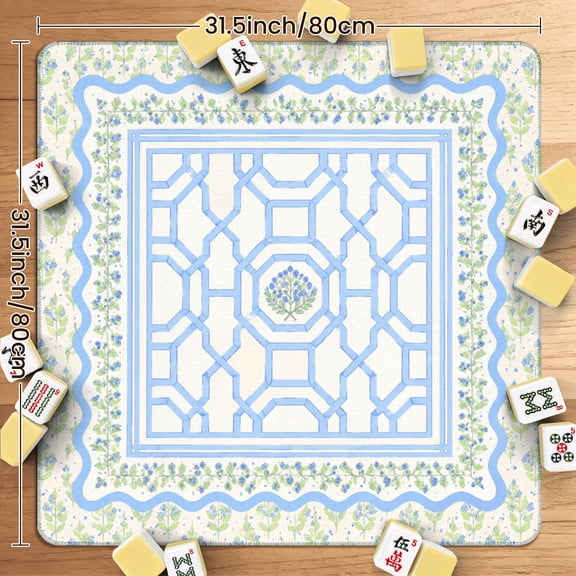 Mahjong Mat 31.5" x 31.5" Blue White Floral Geometric Design Hydrangea Accents Non-Slip Noise Reduction American Mahjong Tiles Table Cover for Dominoes Poker Card Board Games Gift