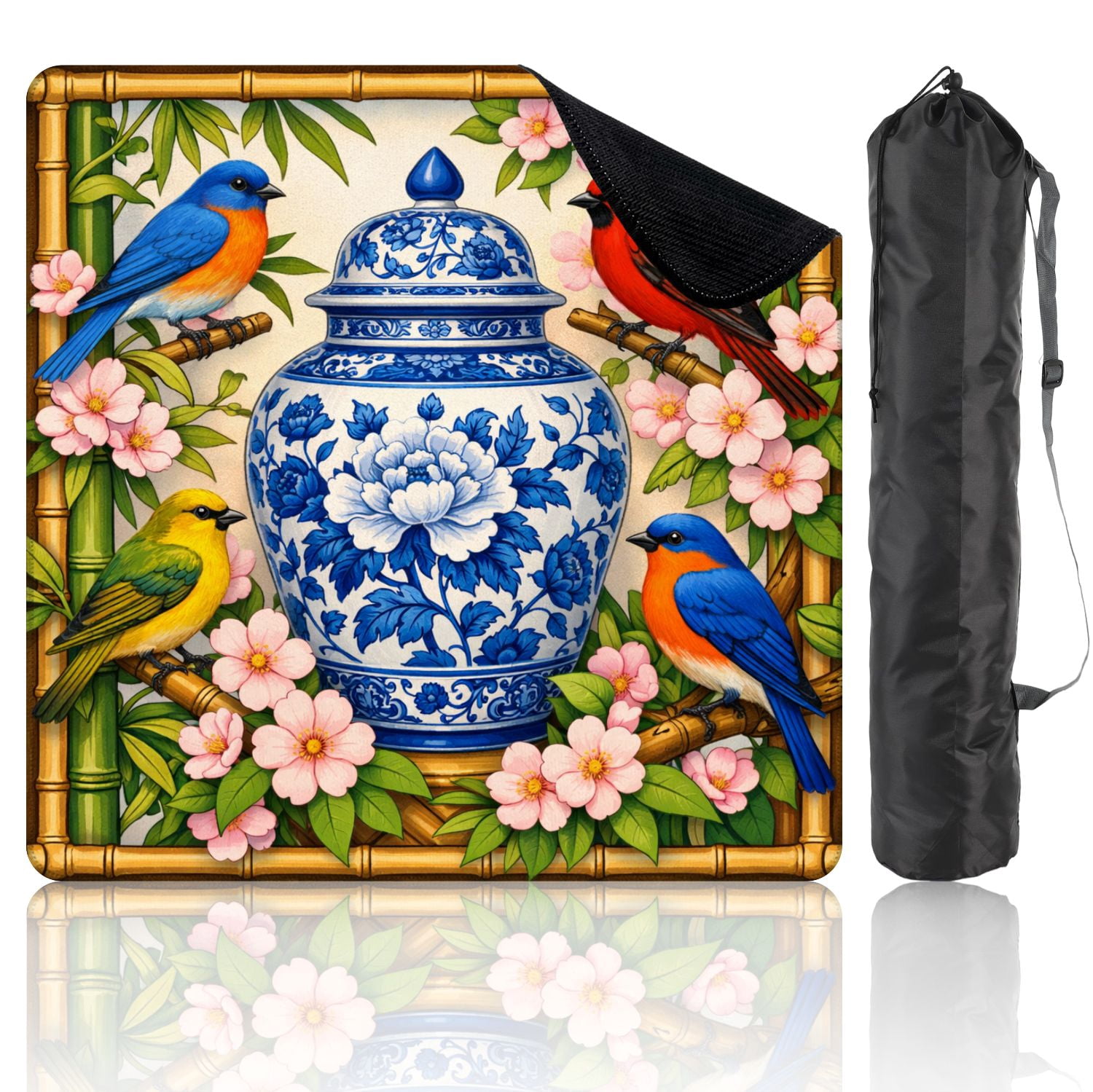Mahjong Mat 31.5" x 31.5" Blue White Floral Jar Colorful Birds Blossoms Non-Slip Noise Reduction Mahjong Tiles Table Cover for Dominoes Poker Card Board and Tile Games