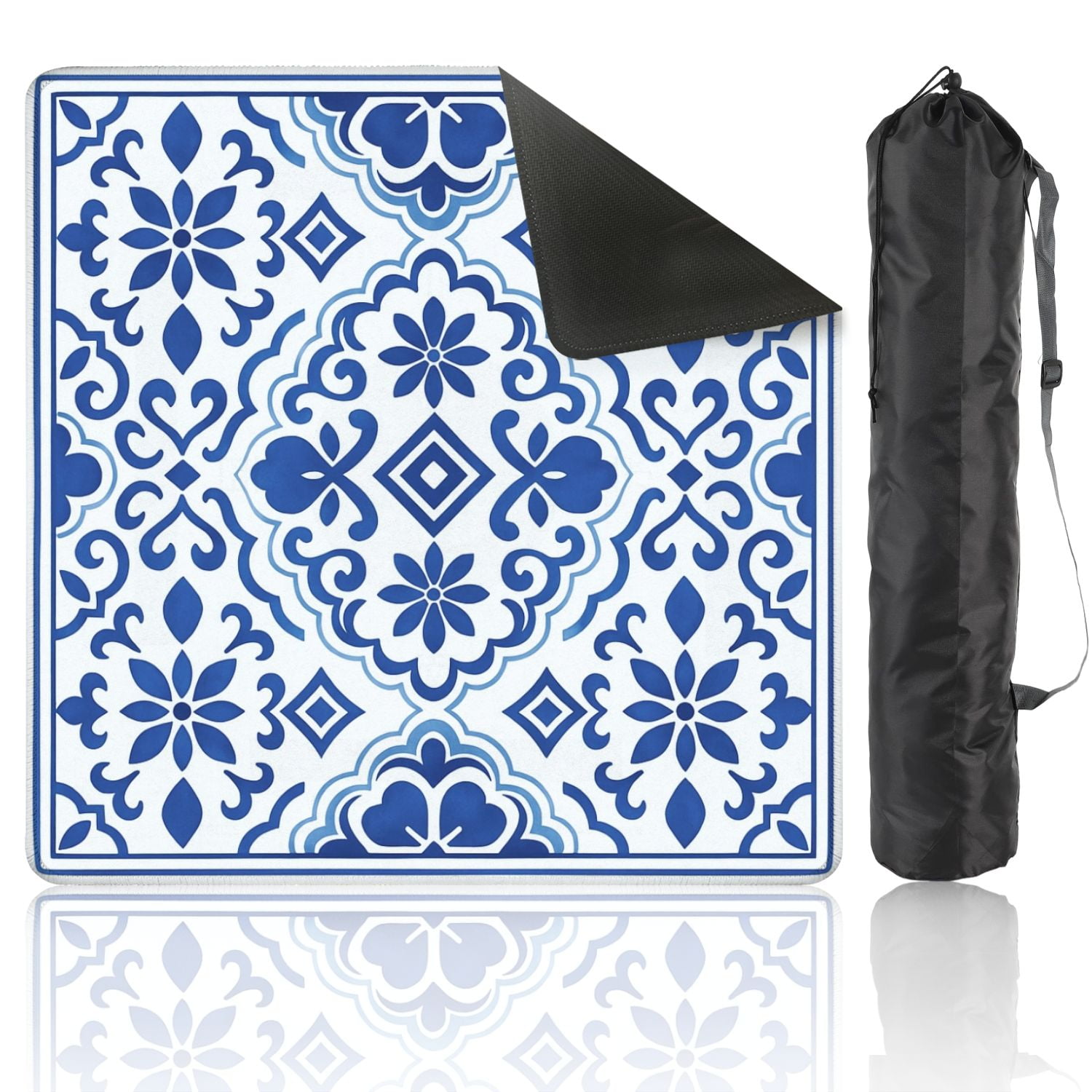 Mahjong Mat 31.5" x 31.5" Blue White Floral Moroccan Tile Geometric Elements Anti-Slip and Noise Reduction Symmetry Design Mahjong Tiles Table Cover for Dominoes Poker Card Board and Tile Games