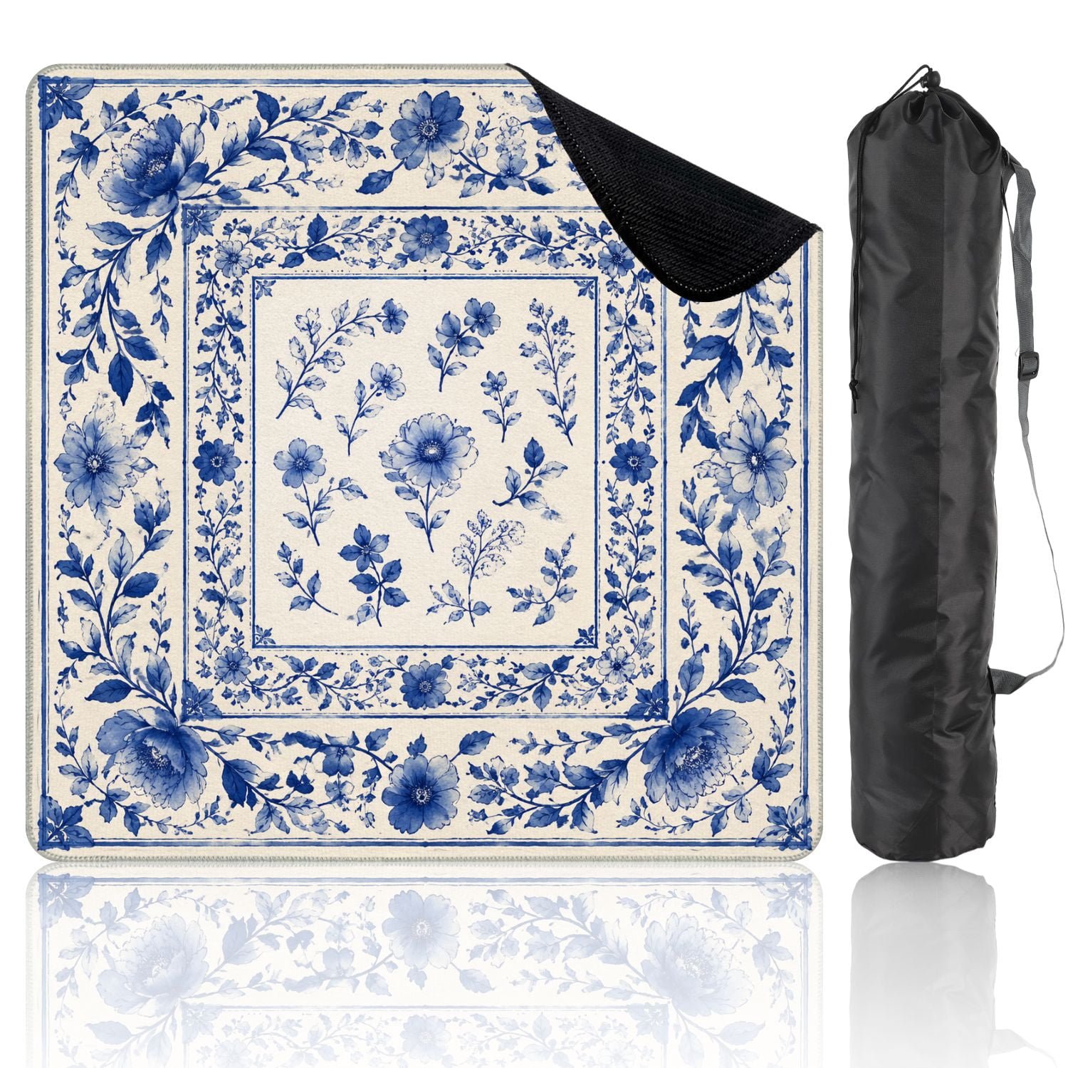 Mahjong Mat 31.5" x 31.5" Blue White Floral Ornamental Vintage Style Non-Slip Noise Reduction Mahjong Tiles Table Cover for Dominoes Poker Card Board and Tile Games