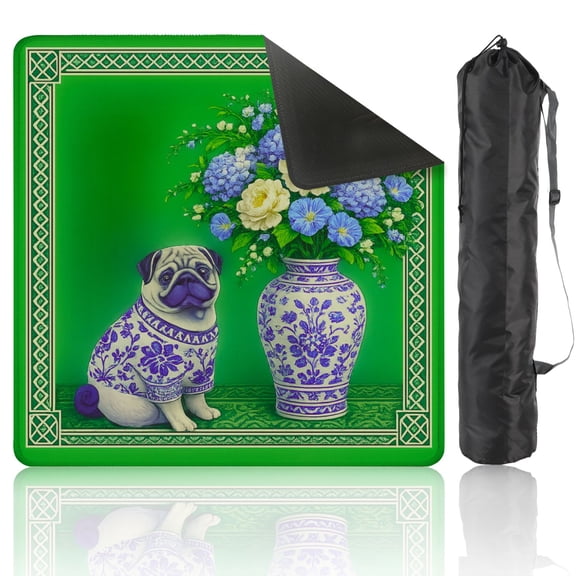 Mahjong Mat 31.5" x 31.5" Blue White Floral Pug Cherry Blossom Tree Anti-Slip and Noise Reduction Symmetry Design Mahjong Tiles Table Cover for Dominoes Poker Card Board and Tile Games