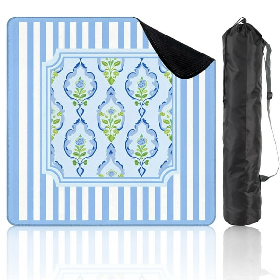 Mahjong Mat 31.5" x 31.5" Blue White Floral Stripes Vintage Inspired Design Non-Slip Noise Reduction Mahjong Tiles Table Cover for Dominoes Poker Card Board and Tile Games