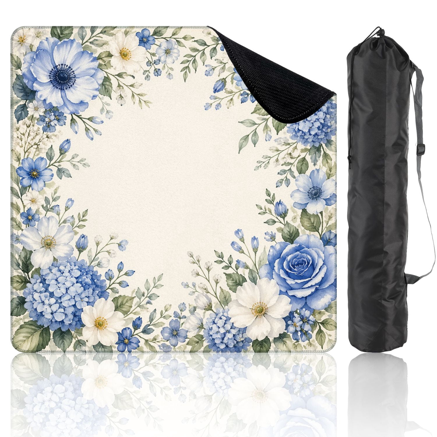 Mahjong Mat 31.5" x 31.5" Blue White Floral Watercolor Frame Roses Hydrangeas Anemones Non-Slip Noise Reduction Mahjong Tiles Table Cover for Dominoes Poker Card Board and Tile Games