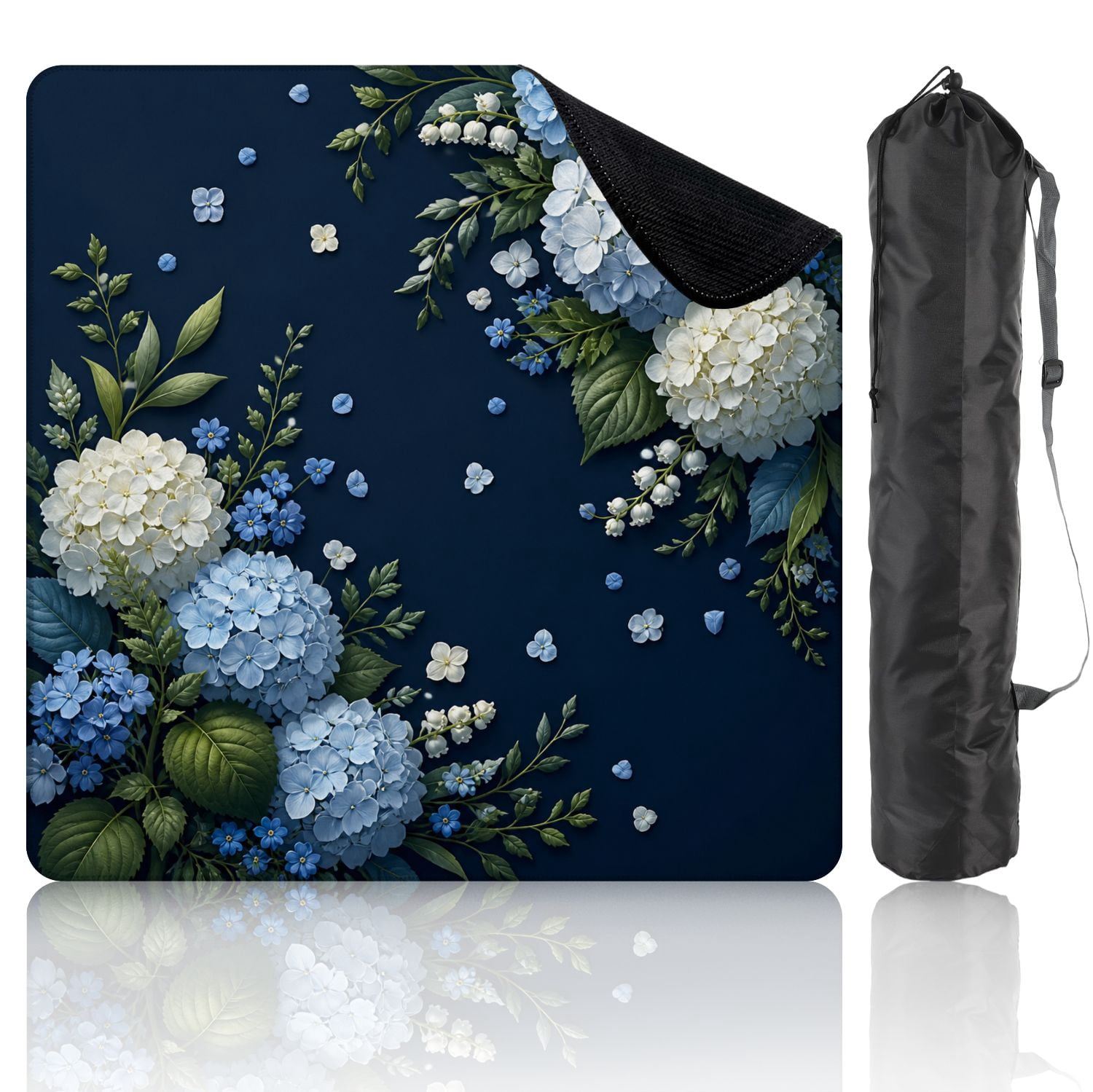Mahjong Mat 31.5" x 31.5" Blue White Hydrangea Floral Green Leaves Dark Non-Slip Noise Reduction Mahjong Tiles Table Cover for Dominoes Poker Card Board and Tile Games