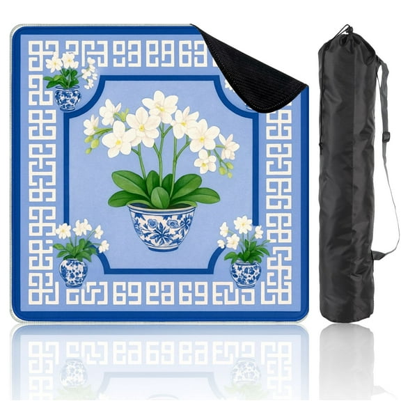 Mahjong Mat 31.5" x 31.5" Blue White Orchid Flower Arrangement Pots Non-Slip Noise Reduction Mahjong Tiles Table Cover for Dominoes Poker Card Board and Tile Games