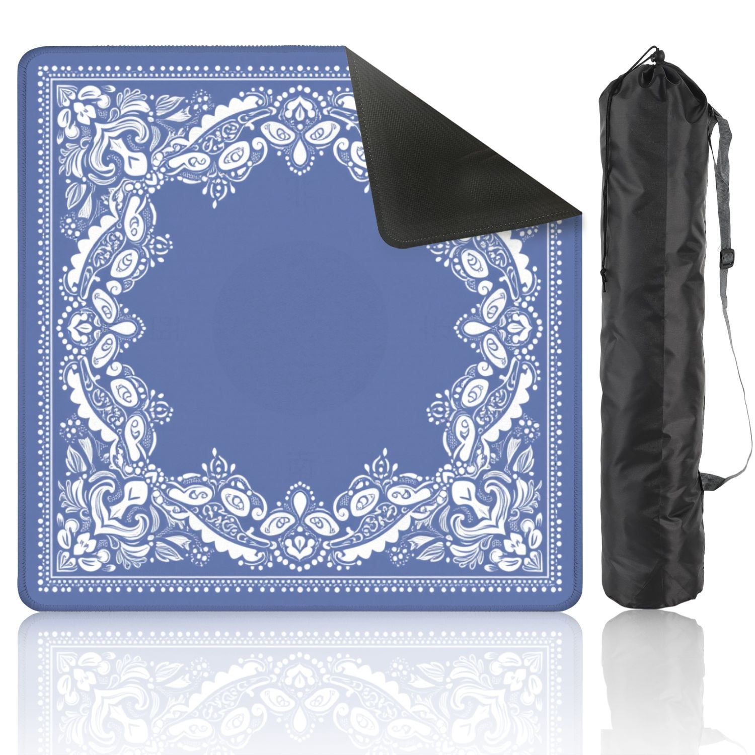 Mahjong Mat 31.5" x 31.5" Blue White Ornamental Bandana Paisley Floral Motifs Non-Slip Noise Reduction American Mahjong Tiles Table Cover for Dominoes Poker Card Board Games Gift