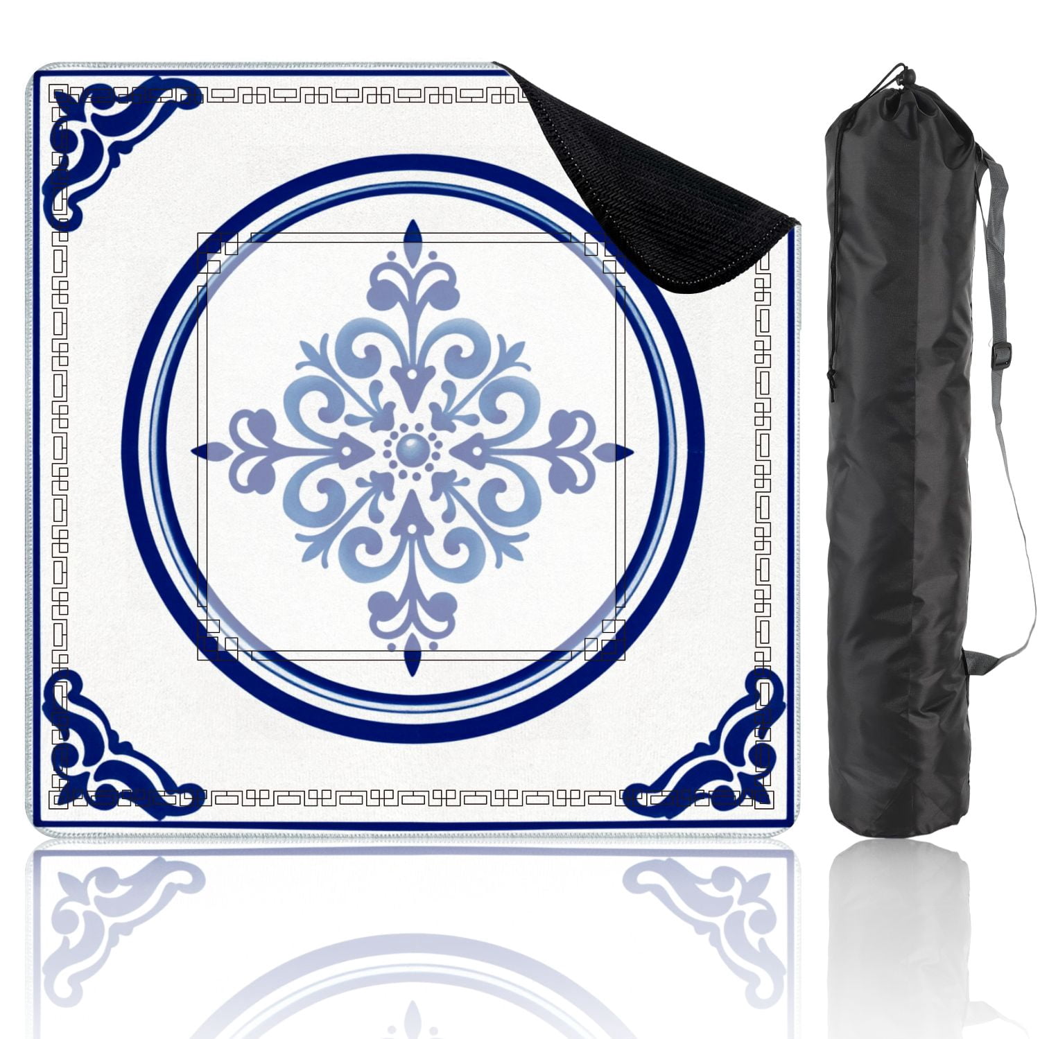 Mahjong Mat 31.5" x 31.5" Blue White Ornamental Tile Design Floral Non-Slip Noise Reduction American Mahjong Tiles Table Cover for Dominoes Poker Card Board Games Gift