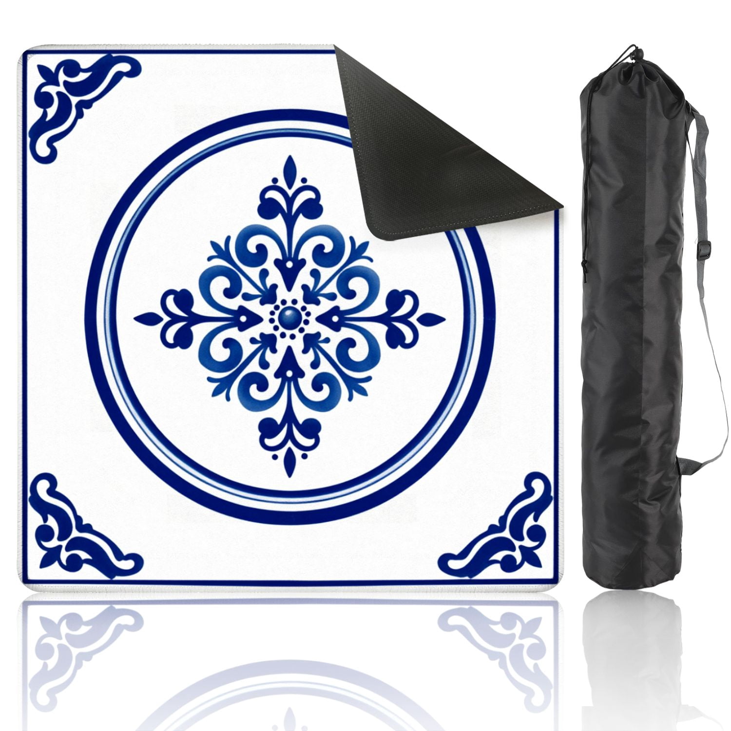 Mahjong Mat 31.5" x 31.5" Blue White Ornamental Tile Design Floral Non-Slip Noise Reduction American Mahjong Tiles Table Cover for Dominoes Poker Card Board Games Gift