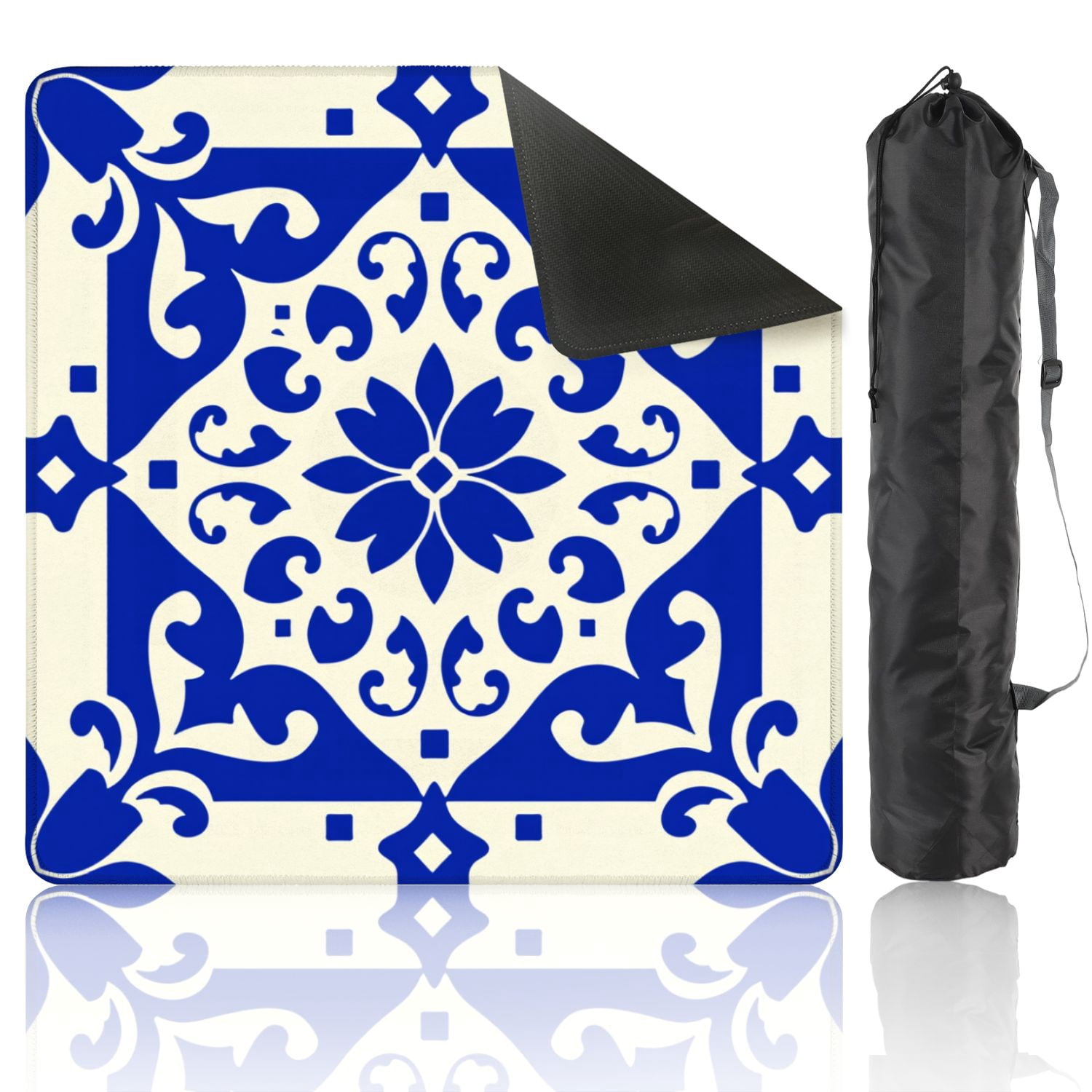 Mahjong Mat 31.5" x 31.5" Blue White Ornamental Tile Floral Geometric Design Non-Slip Noise Reduction American Mahjong Tiles Table Cover for Dominoes Poker Card Board Games Gift