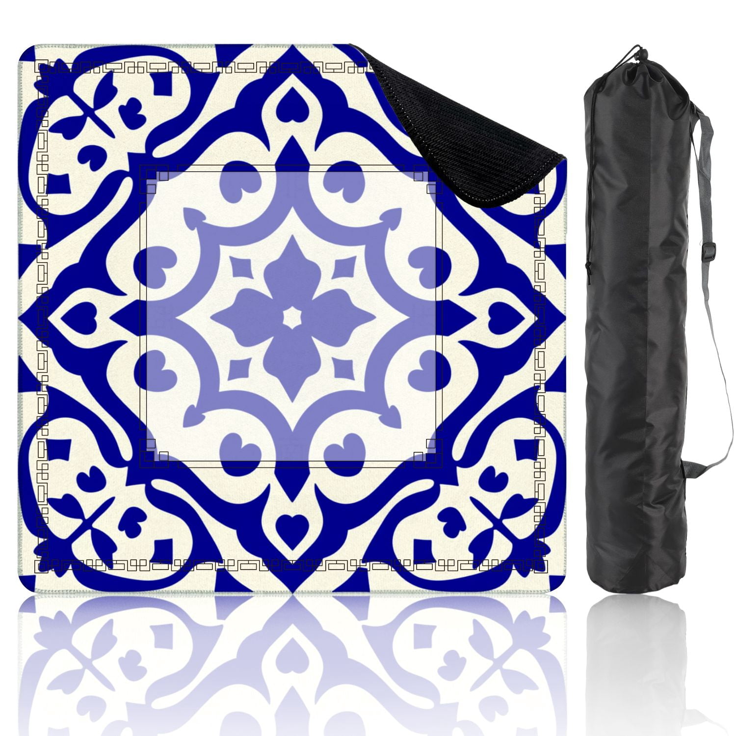 Mahjong Mat 31.5" x 31.5" Blue White Ornamental Tile Symmetrical Floral Heart Motifs Non-Slip Noise Reduction American Mahjong Tiles Table Cover for Dominoes Poker Card Board Games Gift