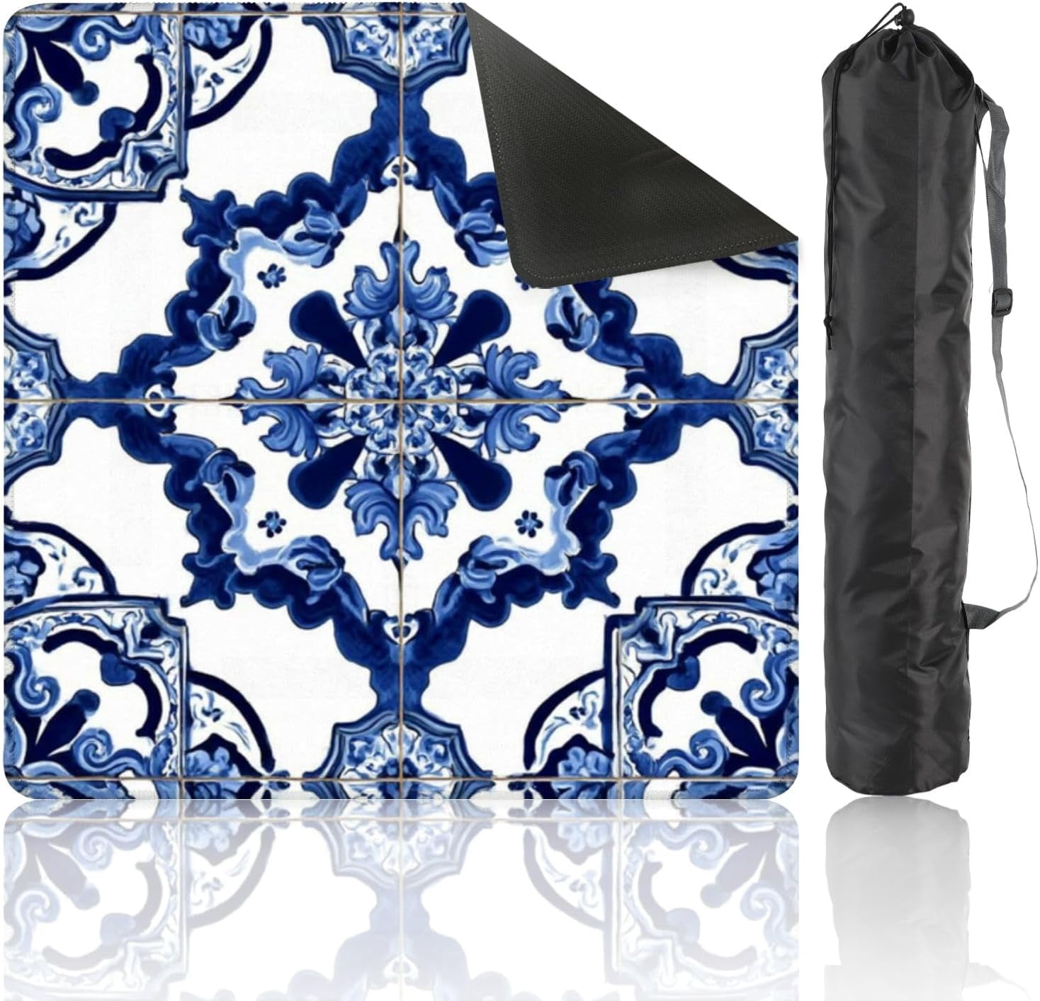 Mahjong Mat 31.5" x 31.5" Blue White Ornate Floral Tile Non-Slip Noise Reduction Mahjong Tiles Table Cover for Dominoes Poker Card Board and Tile Games Gift