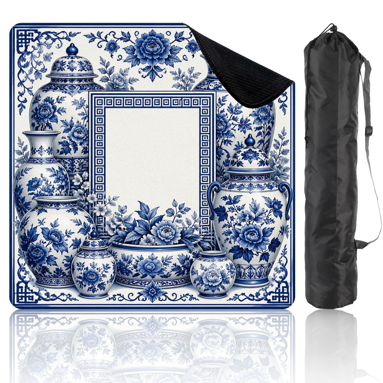 Mahjong Mat 31.5" x 31.5" Blue White Porcelain Vases Jars Floral Non-Slip Noise Reduction Mahjong Tiles Table Cover for Dominoes Poker Card Board and Tile Games