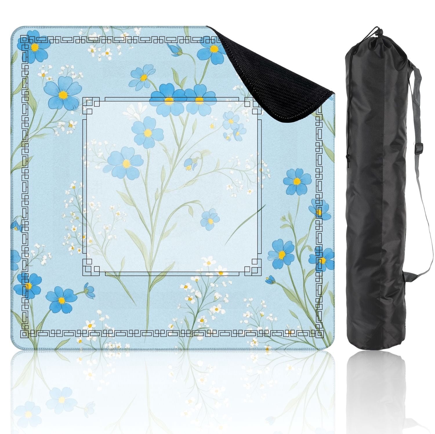 Mahjong Mat 31.5" x 31.5" Blue Wildflowers Breath Botanical Seamless Light Blue Non-Slip Noise Reduction American Mahjong Tiles Table Cover for Dominoes Poker Card Board Games Gift