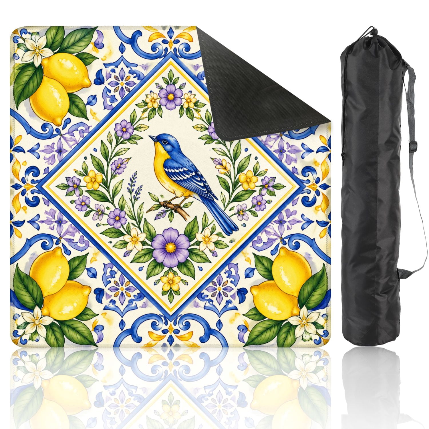 Mahjong Mat 31.5" x 31.5" Blue Yellow Bird Lemon Floral Non-Slip Noise Reduction American Mahjong Tiles Table Cover for Dominoes Poker Card Board Games Gift
