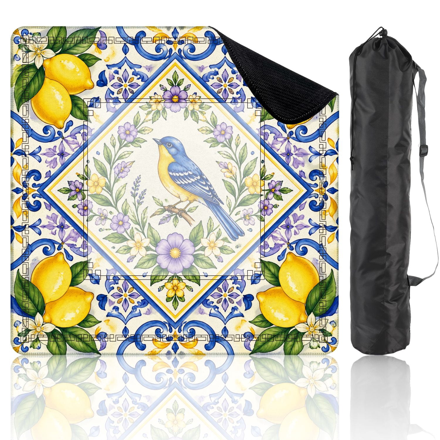 Mahjong Mat 31.5" x 31.5" Blue Yellow Bird Lemon Floral Non-Slip Noise Reduction American Mahjong Tiles Table Cover for Dominoes Poker Card Board Games Gift