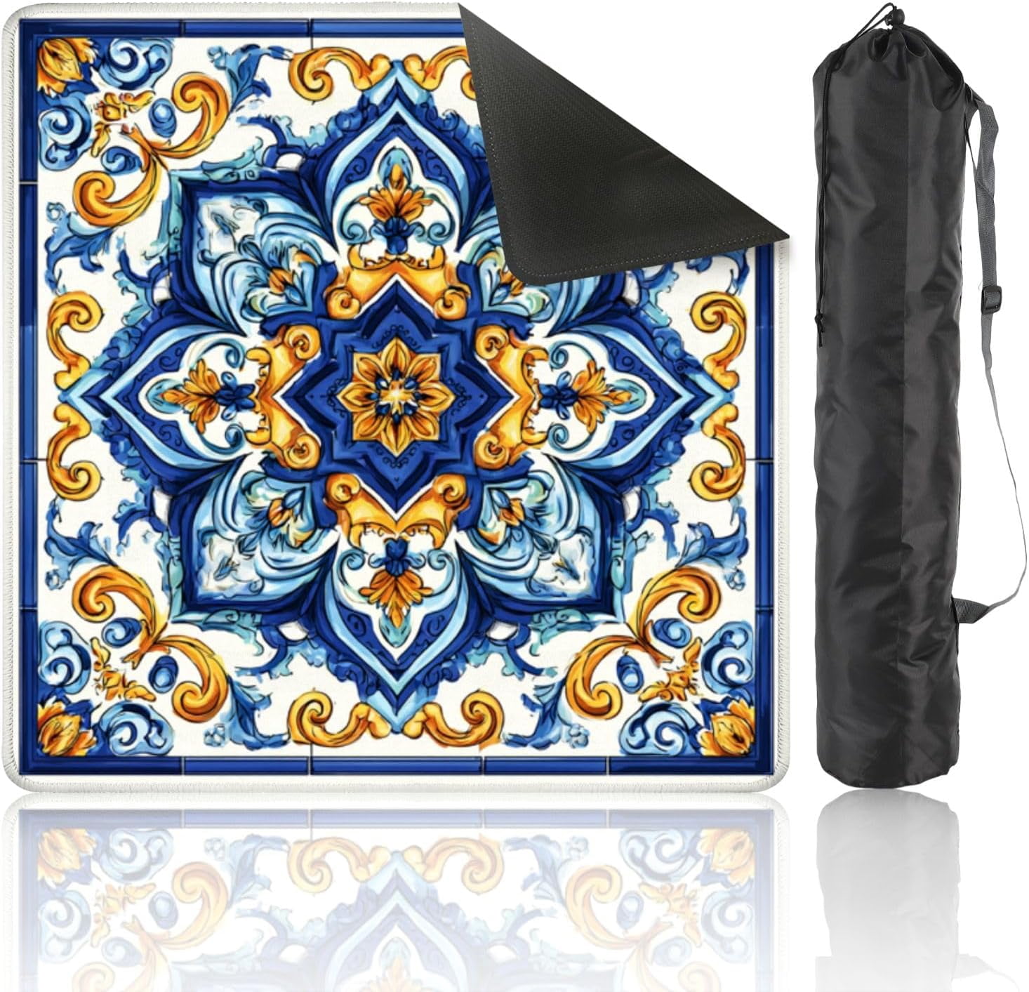 Mahjong Mat 31.5" x 31.5" Blue Yellow Floral Ornamental Tile Vintage Design Non-Slip Noise Reduction Mahjong Tiles Table Cover for Dominoes Poker Card Board and Tile Games