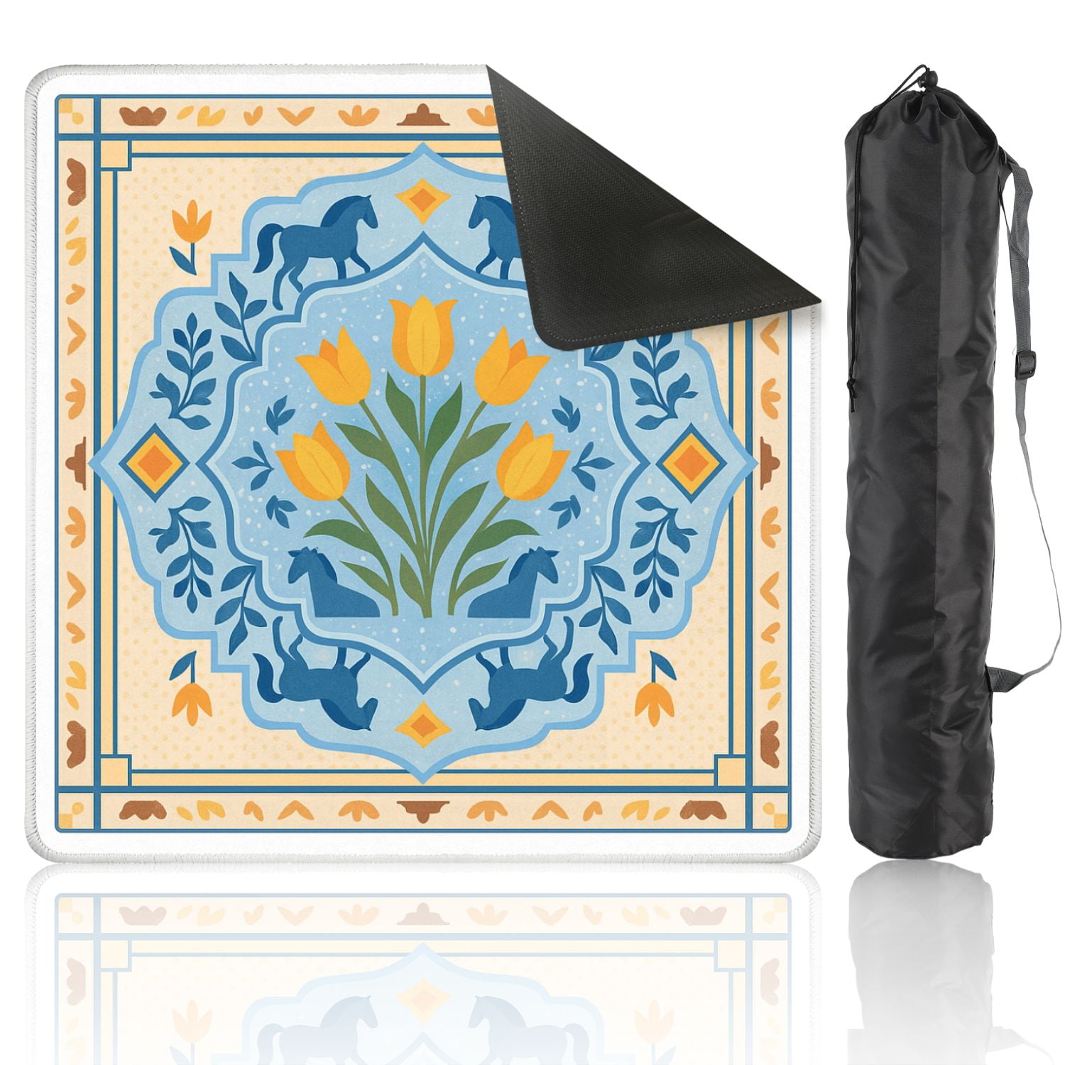 Mahjong Mat 31.5" x 31.5" Blue Yellow Floral Tile Horses Tulips Anti-Slip and Noise Reduction Symmetry Design Mahjong Tiles Table Cover for Dominoes Poker Card Board and Tile Games