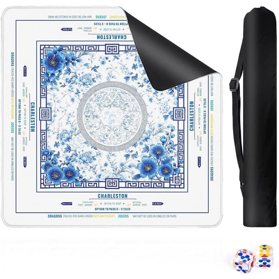 Chinoiserie Mahjong Mat - Blue Floral Mahjong Mat 32x32 Rubber Anti Slip