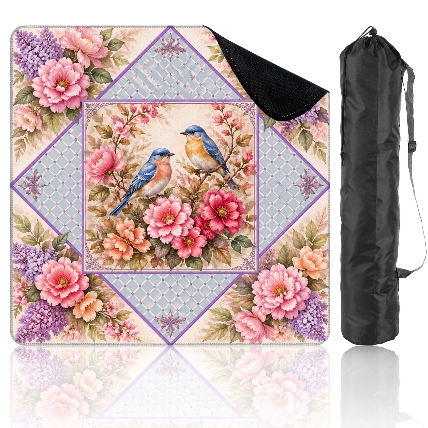 Mahjong Mat 31.5" x 31.5" Bluebirds Perched Pink Purple Flowers Elegant Floral Non-Slip Noise Reduction Mahjong Tiles Table Cover for Dominoes Poker Card Board and Tile Games