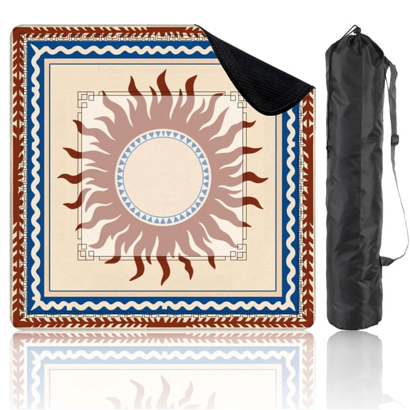 Mahjong Mat 31.5" x 31.5" Bohemian Sun Brown Flames Blue Geometric Border Beige Non-Slip Noise Reduction American Mahjong Tiles Table Cover for Dominoes Poker Card Board Games Gift