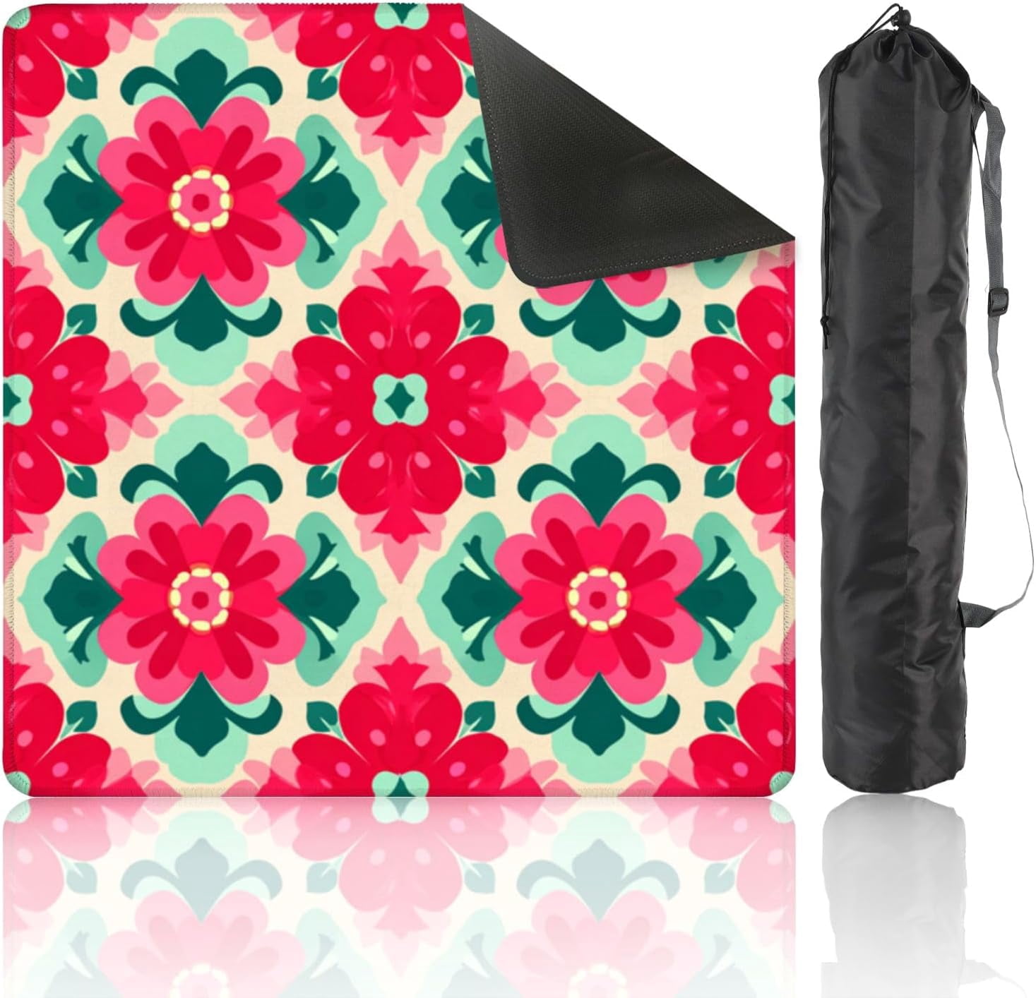 Mahjong Mat 31.5" x 31.5" Bold Floral Red Green Flowers Soft Beige Non-Slip Noise Reduction Mahjong Tiles Table Cover for Dominoes Poker Card Board and Tile Games