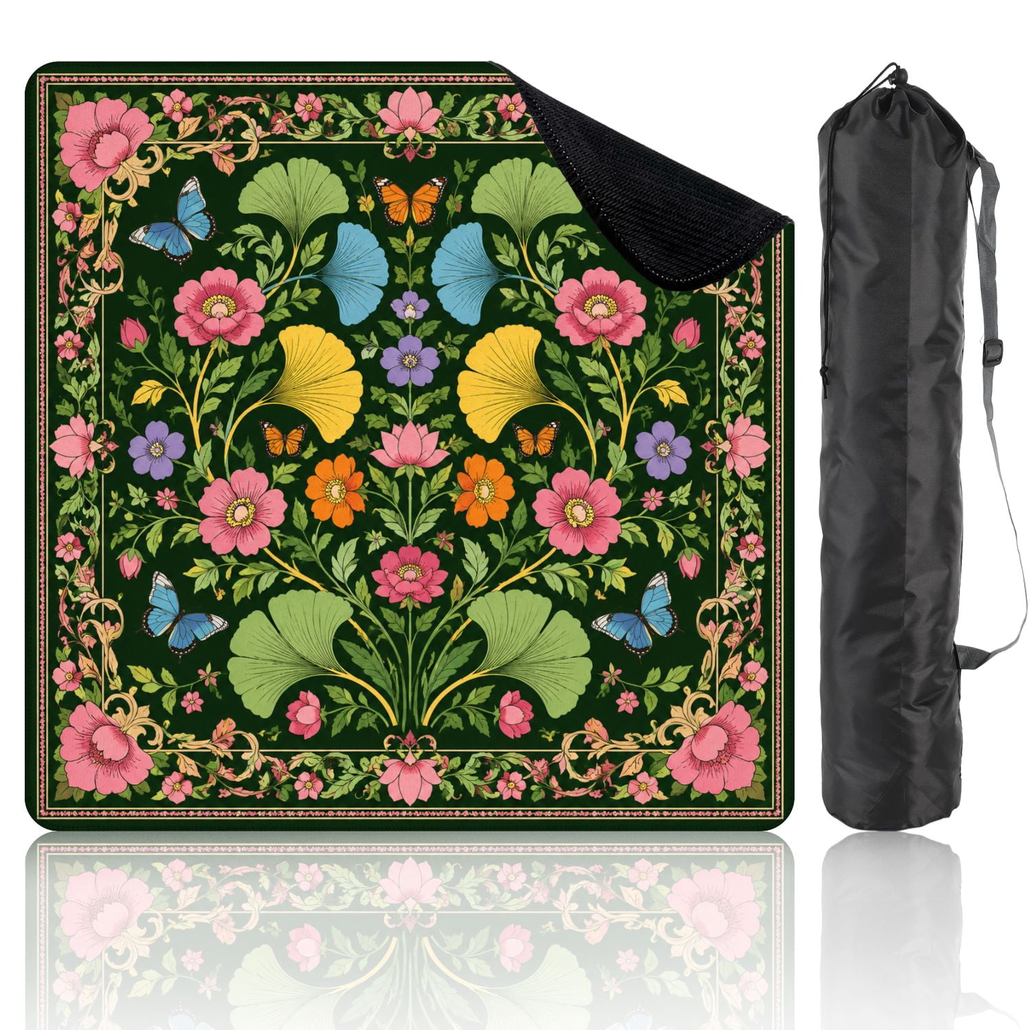 Mahjong Mat 31.5" x 31.5" Botanical Vibrant Green Leaves Flowers Butterflies Non-Slip Noise Reduction Mahjong Tiles Table Cover for Dominoes Poker Card Board and Tile Games