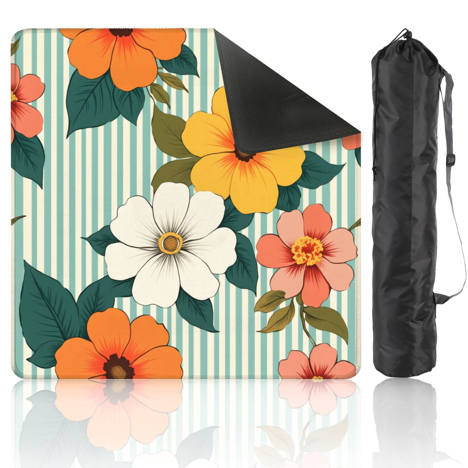 Mahjong Mat 31.5" x 31.5" Bright Floral Orange Yellow White Flowers Striped Non-Slip Noise Reduction American Mahjong Tiles Table Cover for Dominoes Poker Card Board Games Gift