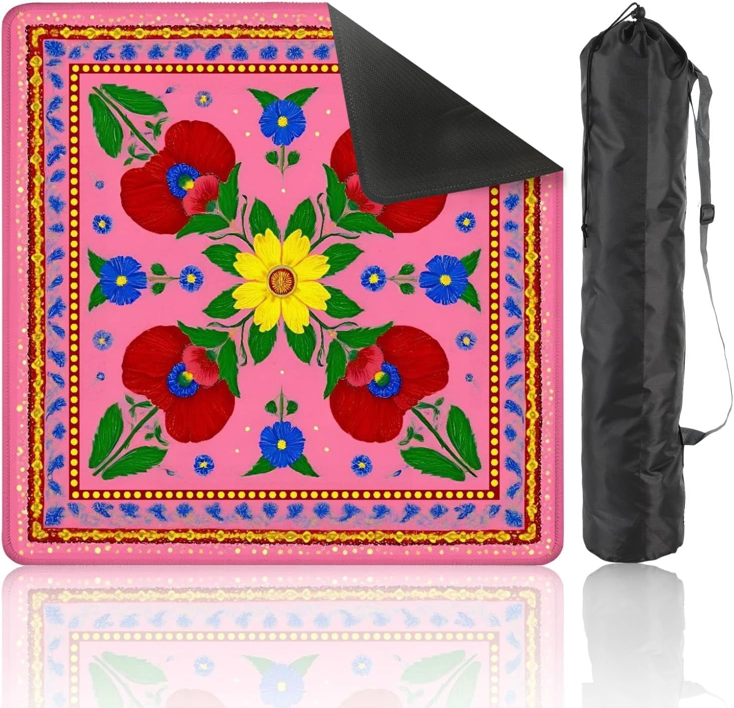 Mahjong Mat 31.5" x 31.5" Bright Floral Red Yellow Daisy Pink Non-Slip Noise Reduction Mahjong Tiles Table Cover for Dominoes Poker Card Board and Tile Games Gift
