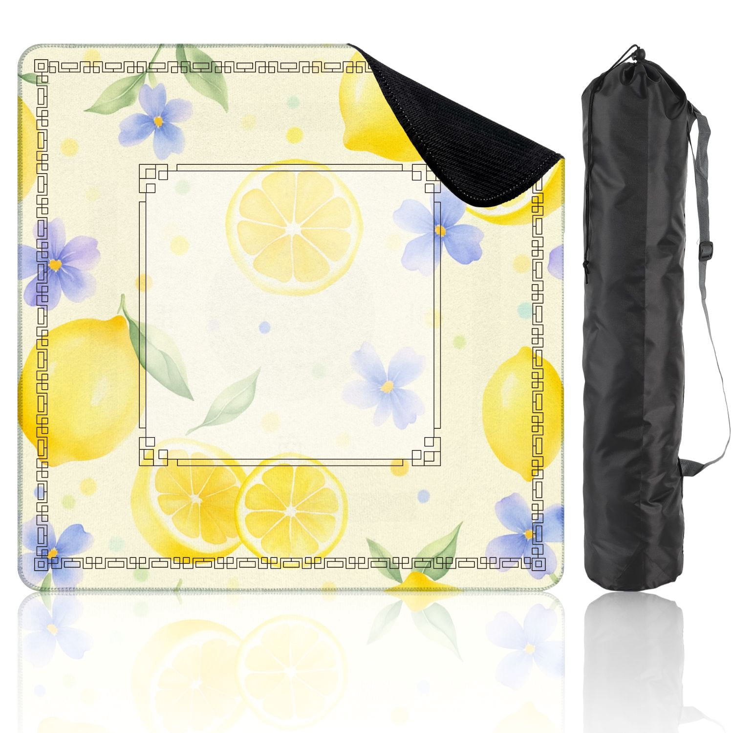 Mahjong Mat 31.5" x 31.5" Bright Lemon Purple Flower Watercolor Green Leaves Light Non-Slip Noise Reduction American Mahjong Tiles Table Cover for Dominoes Poker Card Board Games Gift