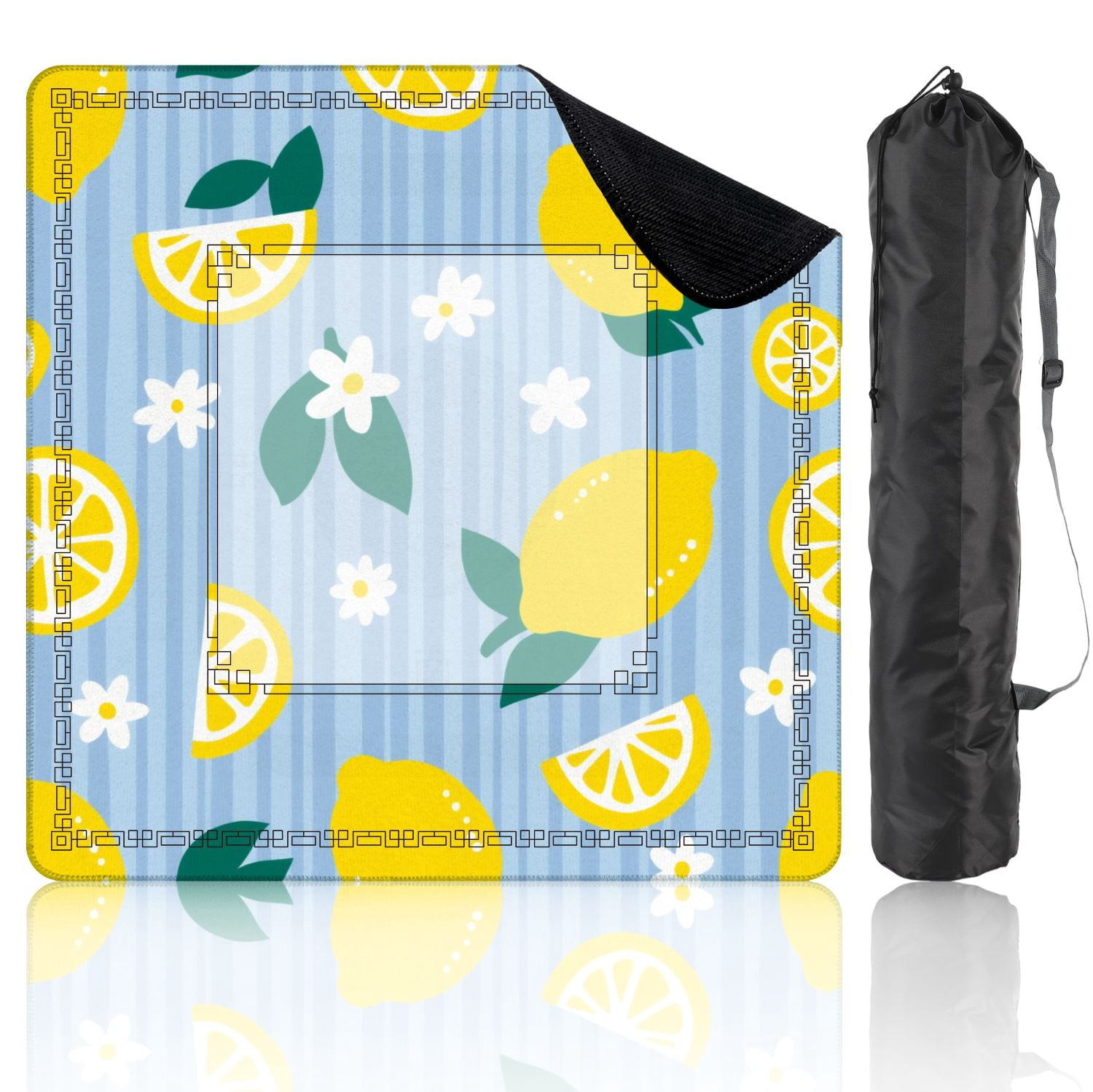 Mahjong Mat 31.5" x 31.5" Bright Lemon Yellow Fruits White Flowers Blue Striped Non-Slip Noise Reduction American Mahjong Tiles Table Cover for Dominoes Poker Card Board Games Gift