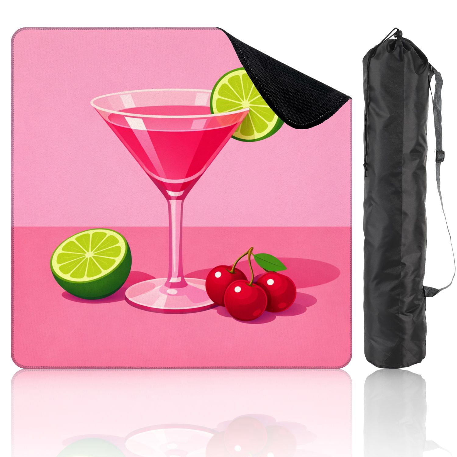 Mahjong Mat 31.5" x 31.5" Bright Pink Cocktail Martini Glass Lime Slice Cherries Non-Slip Noise Reduction Mahjong Tiles Table Cover for Dominoes Poker Card Board and Tile Games