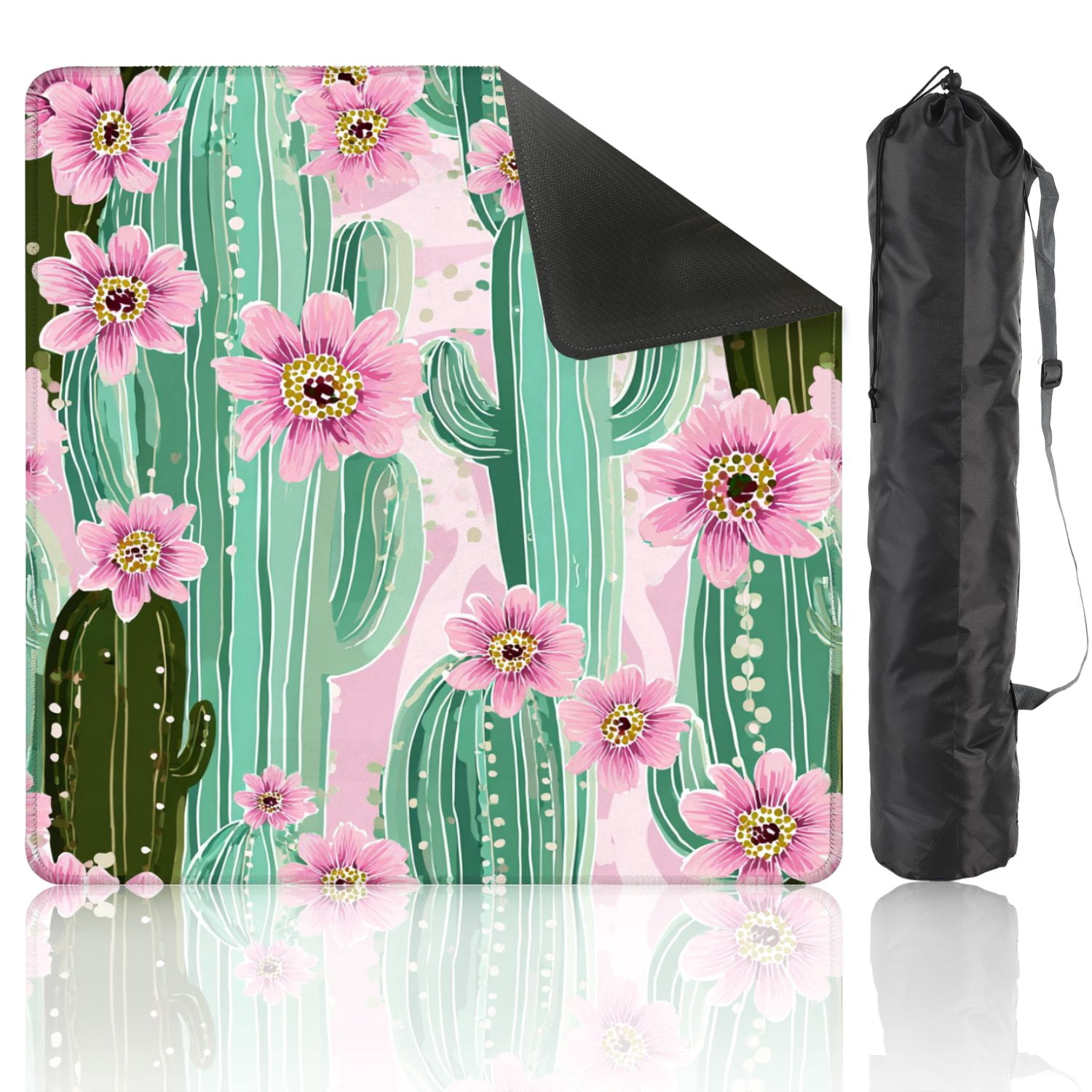 Mahjong Mat 31.5" x 31.5" Cactus pink flowers light seamless Non-Slip Noise Reduction American Mahjong Tiles Table Cover for Dominoes Poker Card Board Games Gift