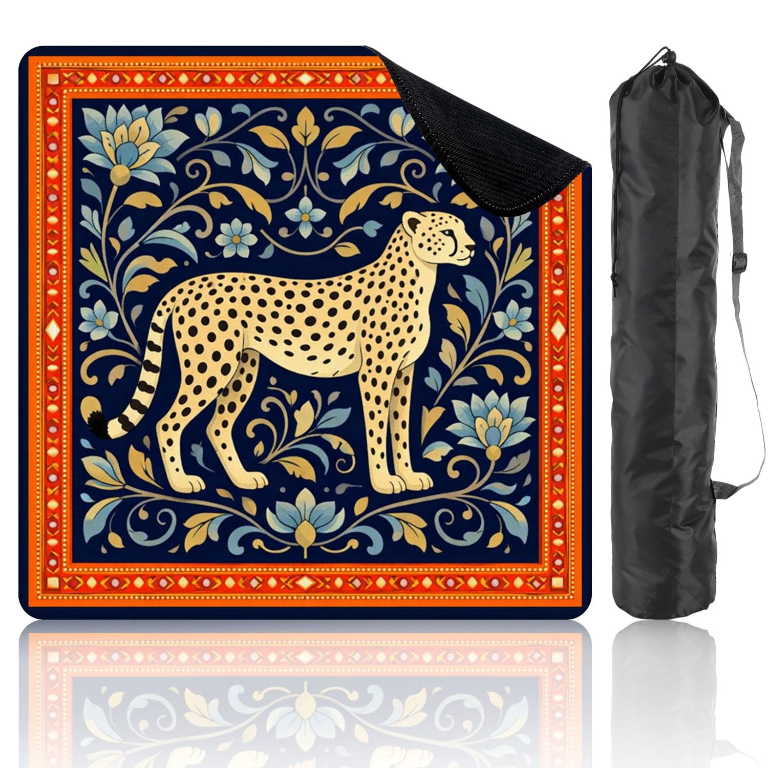 Mahjong Mat 31.5" x 31.5" Cheetah Blue Gold Floral Dark Non-Slip Noise Reduction Mahjong Tiles Table Cover for Dominoes Poker Card Board and Tile Games