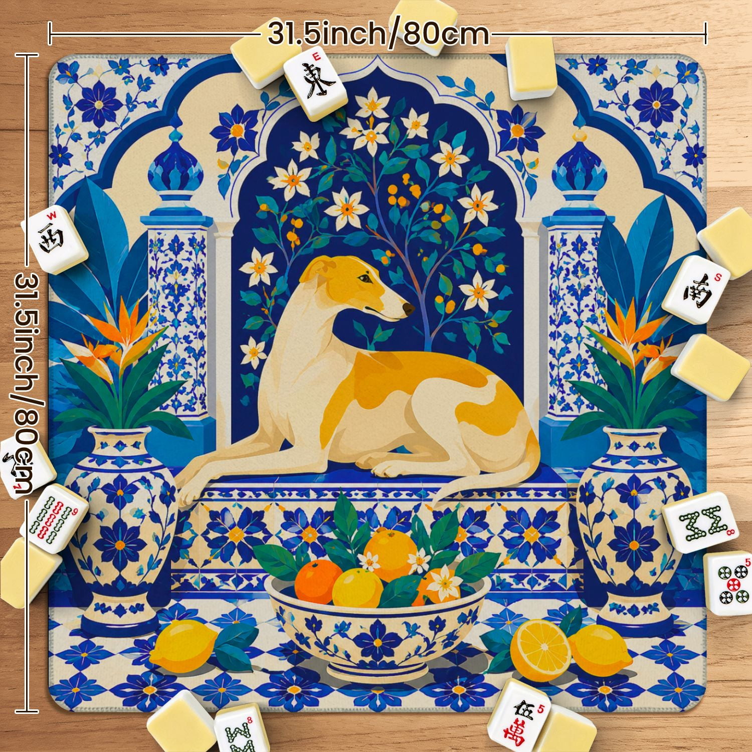 Mahjong Mat 31.5" x 31.5" Cheetah Relaxing Among Blue White Porcelain Citrus Fruits Floral Non-Slip Noise Reduction American Mahjong Tiles Table Cover for Dominoes Poker Card Board Games Gift