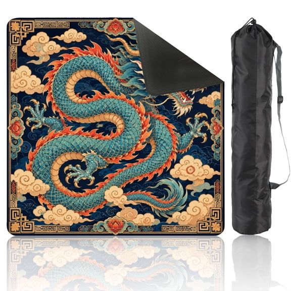 Mahjong Mat 31.5" x 31.5" Chinese Dragon Traditional Asian Mythical Creature Turquoise Scales Non-Slip Noise Reduction American Mahjong Tiles Table Cover for Dominoes Poker Card Board Games Gift