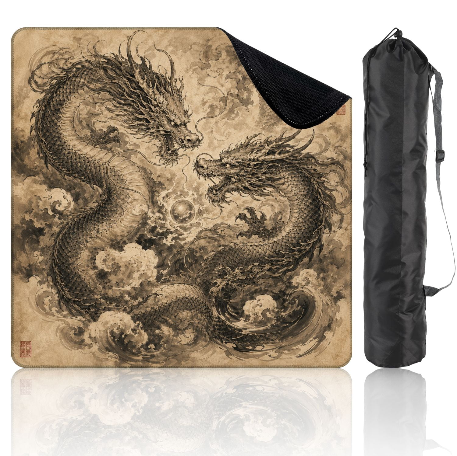 Mahjong Mat 31.5" x 31.5" Chinese Dragon Two Serpentine Dragons Stormy Clouds Monochrome Ink Art Non-Slip Noise Reduction Mahjong Tiles Table Cover for Dominoes Poker Card Board and Tile Games