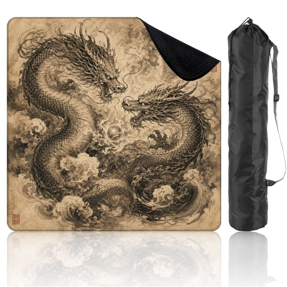 Mahjong Mat 31.5" x 31.5" Chinese Dragon Two Serpentine Dragons Stormy Clouds Monochrome Ink Art Non-Slip Noise Reduction Mahjong Tiles Table Cover for Dominoes Poker Card Board and Tile Games