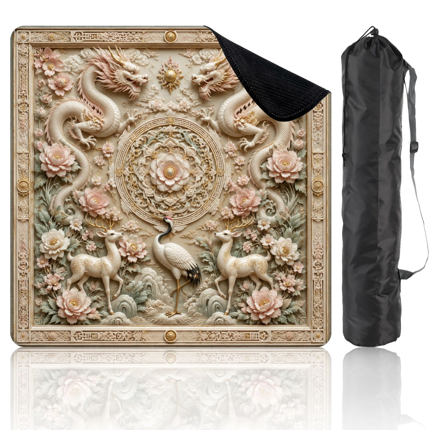 Mahjong Mat 31.5" x 31.5" Chinese Dragons Floral Mandala Relief Soft Pastel Tones Non-Slip Noise Reduction Chic Portable Gaming Table Cover for Family Game Night & Gift