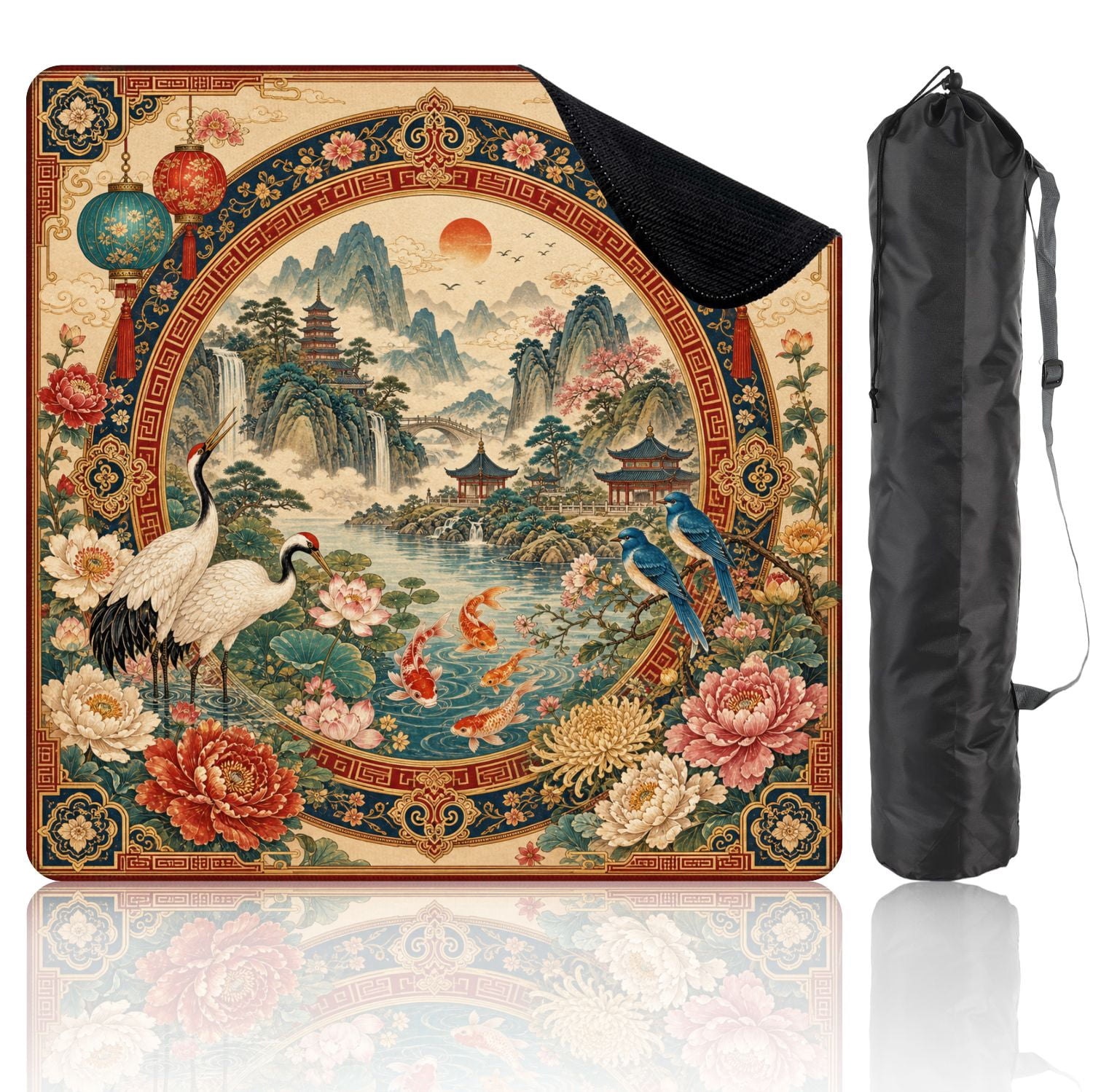 Mahjong Mat 31.5" x 31.5" Chinese Style Floral Circular Frame Cranes Koi Fish Traditional Non-Slip Noise Reduction Chic Portable Gaming Table Cover for Family Game Night & Gift