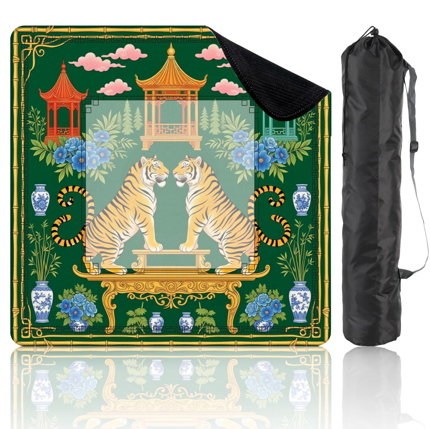 Mahjong Mat 31.5" x 31.5" Chinese Tigers Oriental Pagodas Floral Design Green Non-Slip Noise Reduction American Mahjong Tiles Table Cover for Dominoes Poker Card Board Games Gift