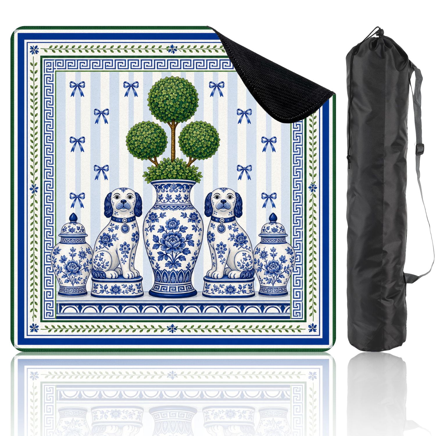 Mahjong Mat 31.5" x 31.5" Chinoiserie Chic Topiary Blue White Dogs Green Urns Non-Slip Noise Reduction Mahjong Tiles Table Cover for Dominoes Poker Card Board and Tile Games
