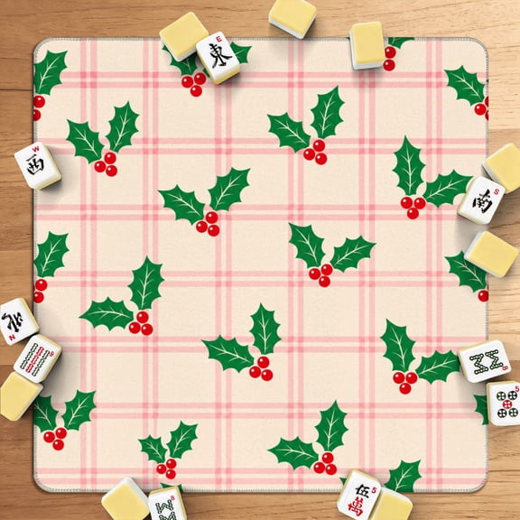 Mahjong Mat 31.5" x 31.5" Christmas Holly Berry Seamless Soft Beige Pink Plaid Non-Slip Noise Reduction American Mahjong Tiles Table Cover for Dominoes Poker Card Board Games Gift