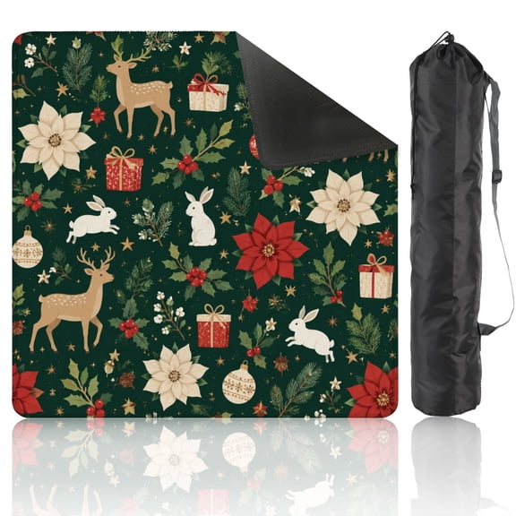 Mahjong Mat 31.5" x 31.5" Christmas Reindeer Rabbits Poinsettias Holiday Decorations Non-Slip Noise Reduction American Mahjong Tiles Table Cover for Dominoes Poker Card Board Games Gift