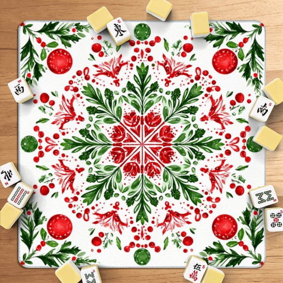 Mahjong Mat 31.5" x 31.5" Christmas Snowflake Red Green Floral Ornaments Symmetrical Holiday Non-Slip Noise Reduction American Mahjong Tiles Table Cover for Dominoes Poker Card Board Games Gift