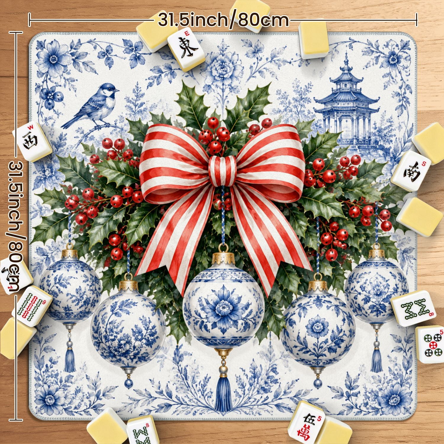 Mahjong Mat 31.5" x 31.5" Christmas Wreath Blue White Porcelain Ornaments Red Ribbon Non-Slip Noise Reduction American Mahjong Tiles Table Cover for Dominoes Poker Card Board Games Gift
