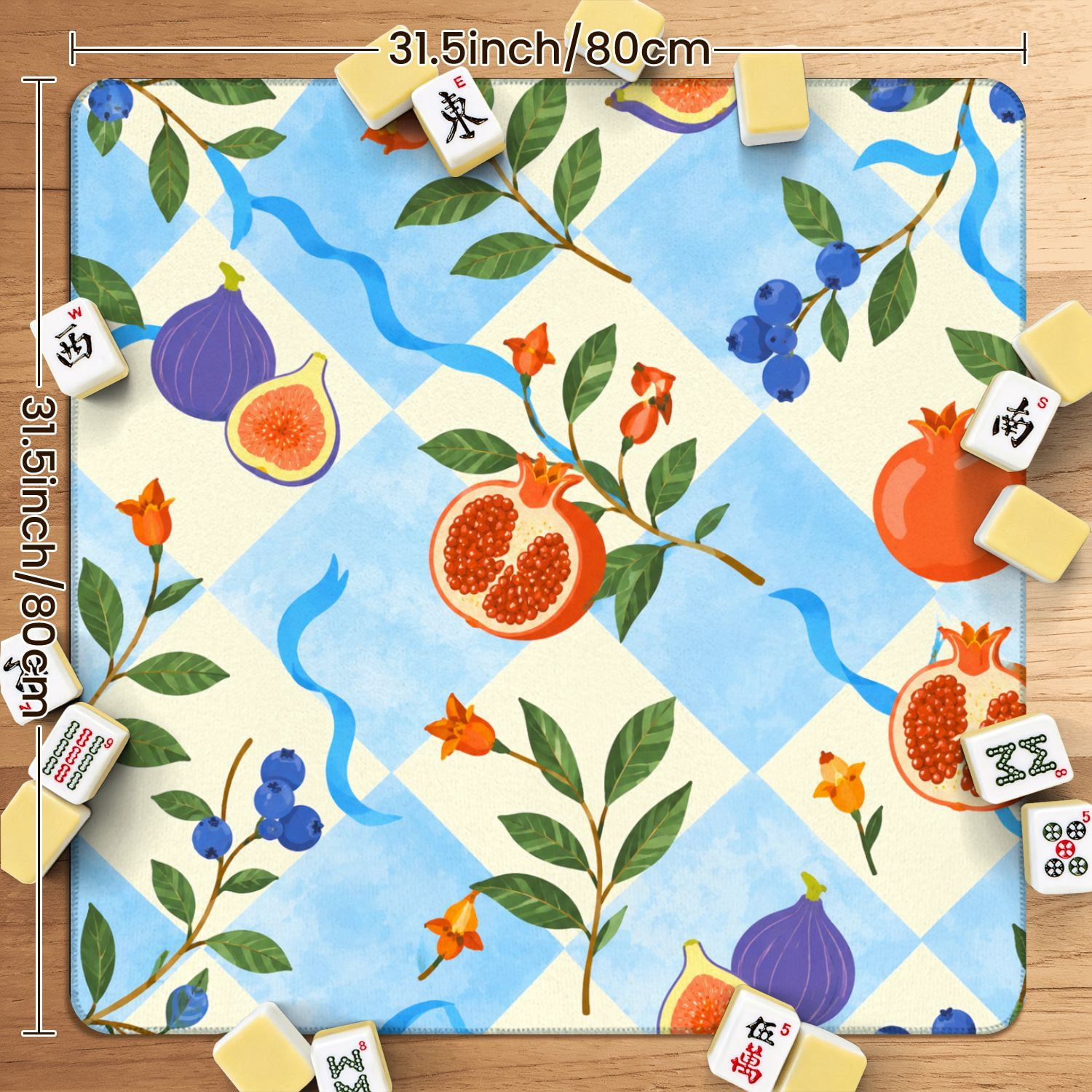 Mahjong Mat 31.5" x 31.5" Citrus Fruit Oranges Lemons Green Leaves Watercolor Blue Diamonds Non-Slip Noise Reduction American Mahjong Tiles Table Cover for Dominoes Poker Card Board Games Gift