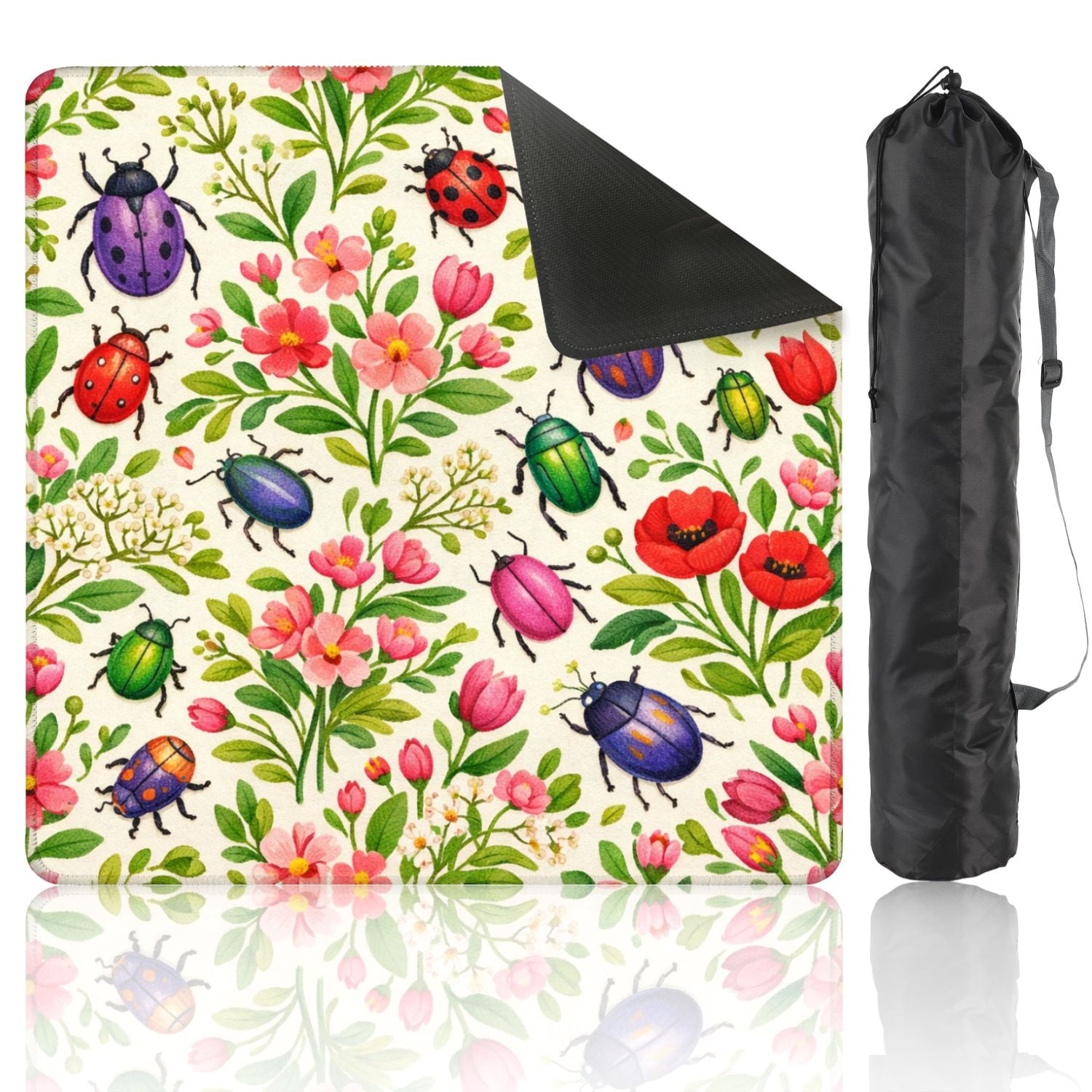 Mahjong Mat 31.5" x 31.5" Colorful Beetles Flowers Vibrant Shades Anti-Slip and Noise Reduction Symmetry Design Mahjong Tiles Table Cover for Dominoes Poker Card Board and Tile Games
